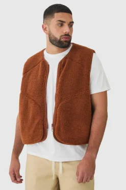 Plus Boxy Borg Pocket Detail Gilet In Tan