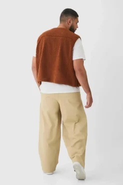 Plus Boxy Borg Pocket Detail Gilet In Tan