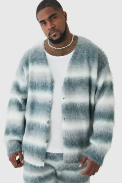 Plus Boxy Fit Knitted Brushed Stripe Cardigan