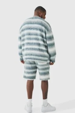 Plus Boxy Fit Knitted Brushed Stripe Cardigan
