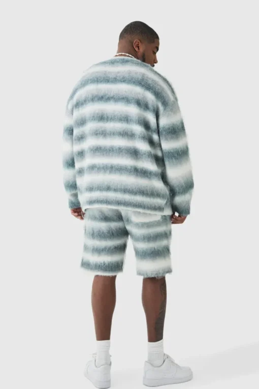 Plus Boxy Fit Knitted Brushed Stripe Cardigan