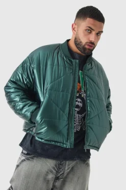 Plus Boxy Metallic Abstract Quilted Bomber Jacket In Green
