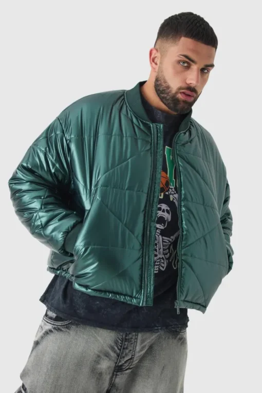 Plus Boxy Metallic Abstract Quilted Bomber Jacket In Green