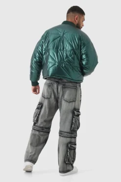 Plus Boxy Metallic Abstract Quilted Bomber Jacket In Green