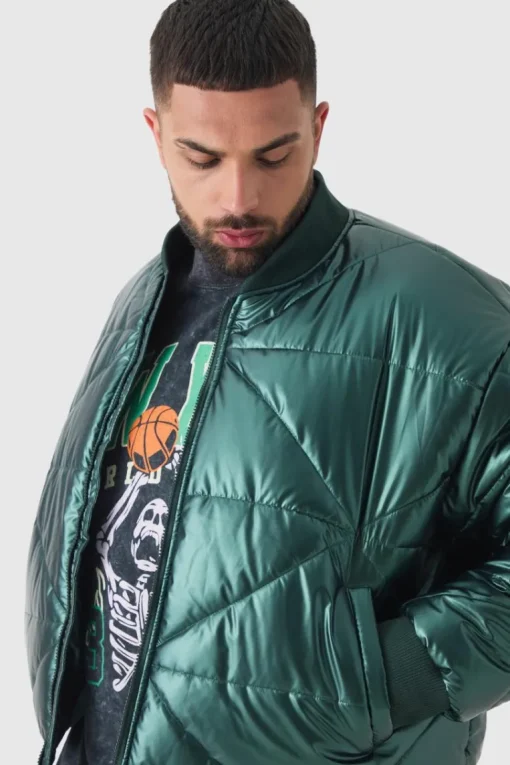 Plus Boxy Metallic Abstract Quilted Bomber Jacket In Green