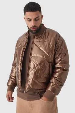 Plus Boxy Metallic Abstract Quilted Bomber Jacket In Tan