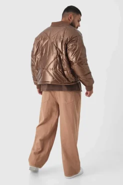 Plus Boxy Metallic Abstract Quilted Bomber Jacket In Tan