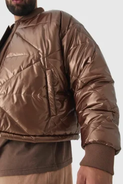 Plus Boxy Metallic Abstract Quilted Bomber Jacket In Tan