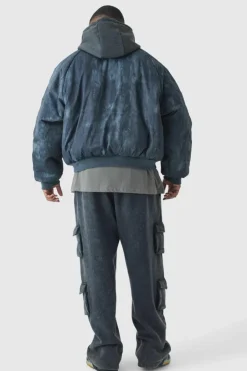 Plus Boxy Washed Padded Hooded Bomber Jacket In Black