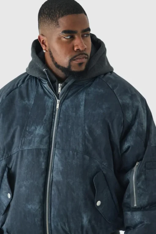 Plus Boxy Washed Padded Hooded Bomber Jacket In Black