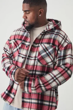 Plus Brushed Hooded Checked Overshirt