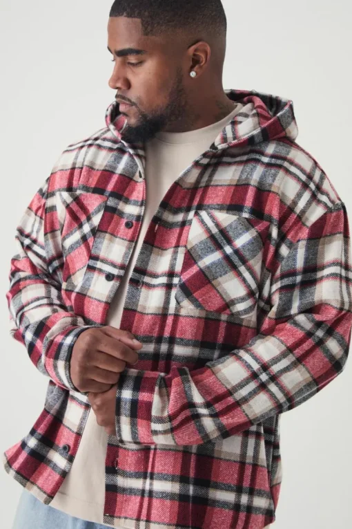 Plus Brushed Hooded Checked Overshirt