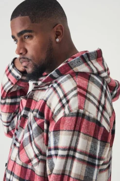 Plus Brushed Hooded Checked Overshirt