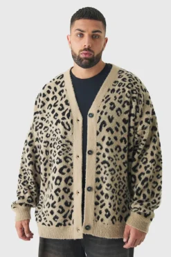Plus Brushed Knit Leopard Print Oversized Cardigan