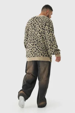 Plus Brushed Knit Leopard Print Oversized Cardigan