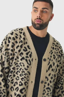 Plus Brushed Knit Leopard Print Oversized Cardigan