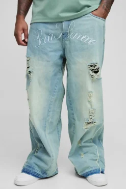 Plus Crotch Embroidered Distressed Gusset Flared Jeans