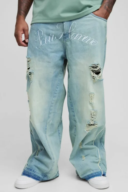 Plus Crotch Embroidered Distressed Gusset Flared Jeans