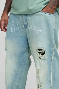 Plus Crotch Embroidered Distressed Gusset Flared Jeans