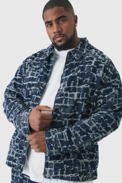 Plus Distressed Tapestry Denim Harrington Jacket