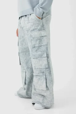 Plus Elasticated Waist Extreme Baggy Heavyweight Washed Multi Cargo Trousers