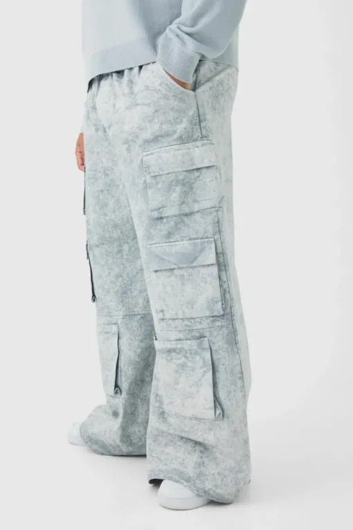 Plus Elasticated Waist Extreme Baggy Heavyweight Washed Multi Cargo Trousers