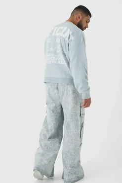Plus Elasticated Waist Extreme Baggy Heavyweight Washed Multi Cargo Trousers