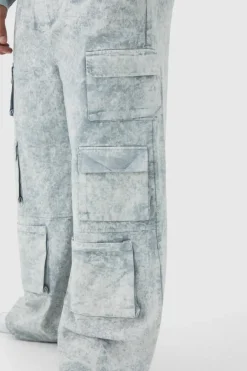 Plus Elasticated Waist Extreme Baggy Heavyweight Washed Multi Cargo Trousers