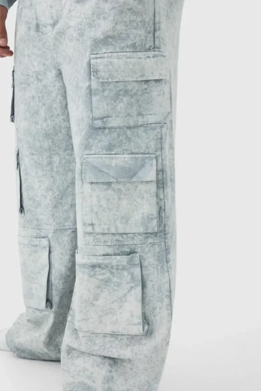Plus Elasticated Waist Extreme Baggy Heavyweight Washed Multi Cargo Trousers
