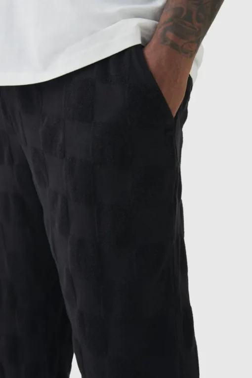 Plus Embossed Checkered Towelling Trouser & T-shirt Set Black