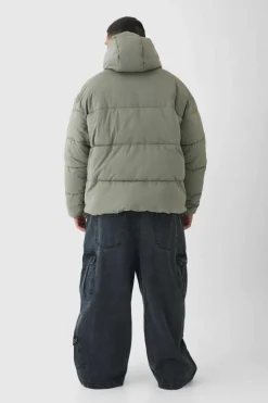 Plus Extended Funnel Neck Hooded Puffer Jacket In Grey