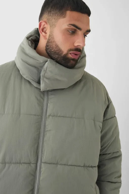 Plus Extended Funnel Neck Hooded Puffer Jacket In Grey