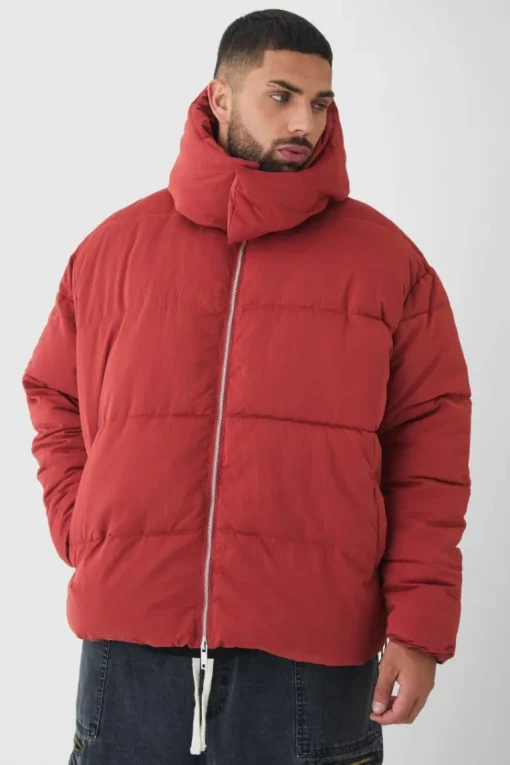 Plus Extended Funnel Neck Hooded Puffer Jacket In Rust