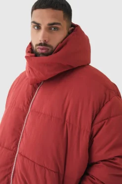 Plus Extended Funnel Neck Hooded Puffer Jacket In Rust