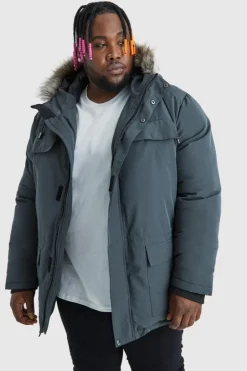 Plus Faux Fur Hooded Arctic Parka Jacket in Charcoal