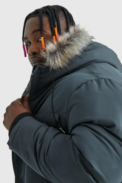 Plus Faux Fur Hooded Arctic Parka Jacket in Charcoal