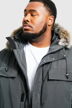 Plus Faux Fur Hooded Arctic Parka Jacket in Charcoal