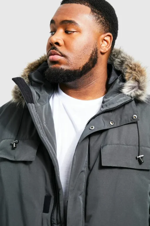 Plus Faux Fur Hooded Arctic Parka Jacket in Charcoal