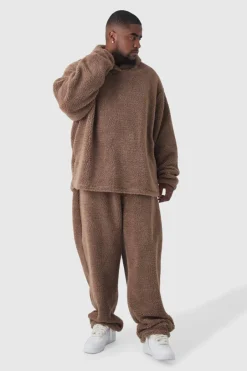 Plus Fluffy V Neck Sweatshirt & Jogger Lounge Set In Brown