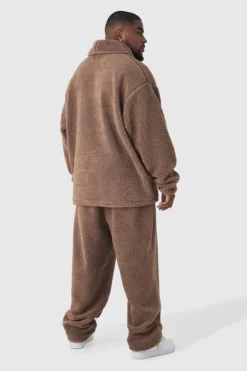 Plus Fluffy V Neck Sweatshirt & Jogger Lounge Set In Brown