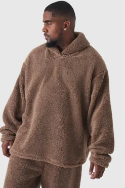 Plus Fluffy V Neck Sweatshirt & Jogger Lounge Set In Brown
