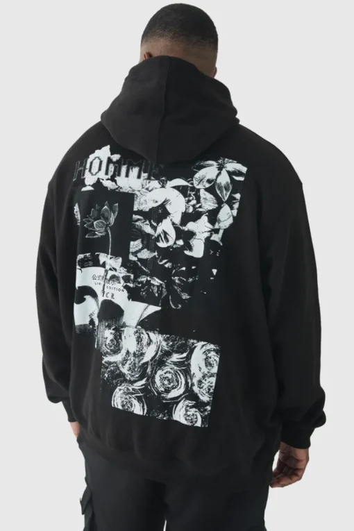 Plus Homme Spliced Floral Graphic Oversized Hoodie