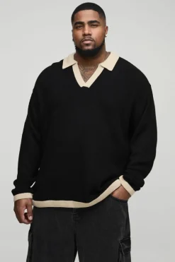 Plus Long Sleeved Oversized Contrast Collar Knitted Polo