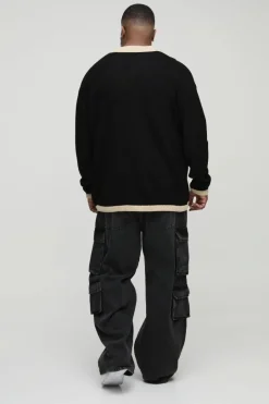Plus Long Sleeved Oversized Contrast Collar Knitted Polo