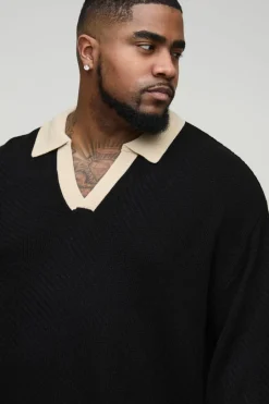 Plus Long Sleeved Oversized Contrast Collar Knitted Polo