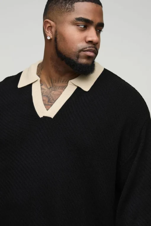 Plus Long Sleeved Oversized Contrast Collar Knitted Polo