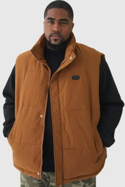 Plus Man Ripstop Funnel Neck Puffer Gilet In Tan