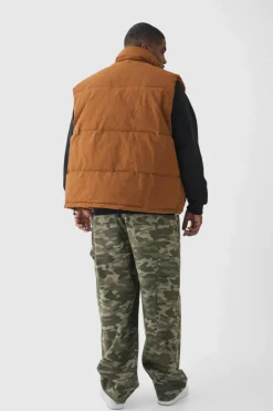 Plus Man Ripstop Funnel Neck Puffer Gilet In Tan