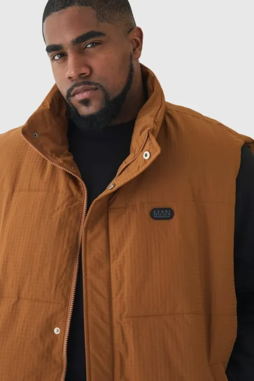 Plus Man Ripstop Funnel Neck Puffer Gilet In Tan
