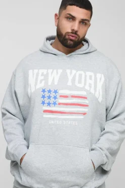 Plus New York Print Oversized Hoodie in Grey